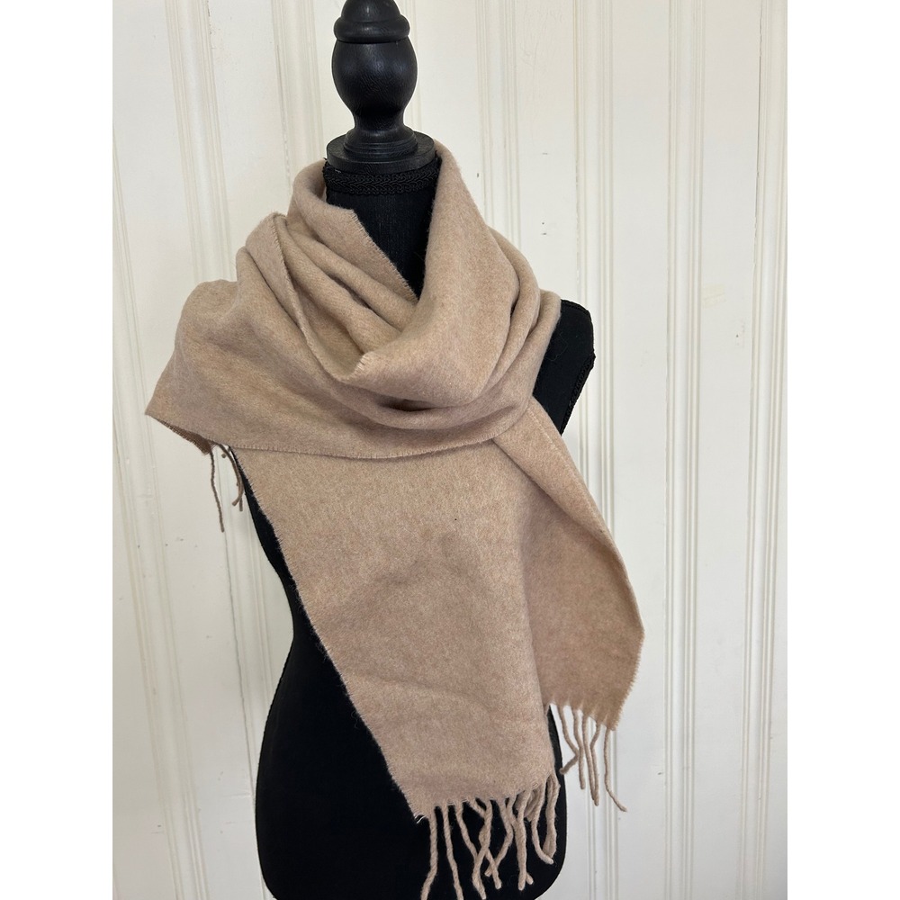 Vintage 100% Lambswool Scarf Made in Italy Beige Tan Fringed Winter Wrap